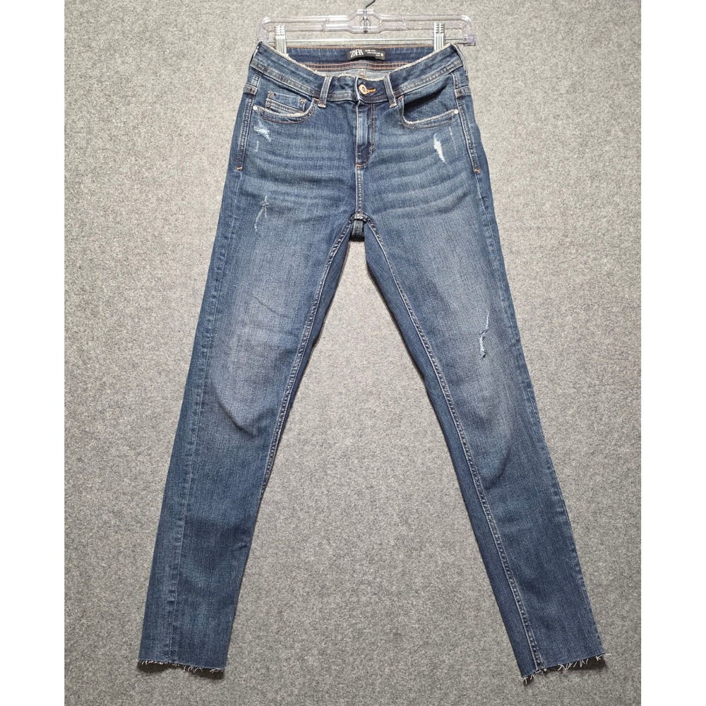 Zara Basic Denim Skinny Jeans Womens 6 Medium Wash Distressed Raw Hem High Rise